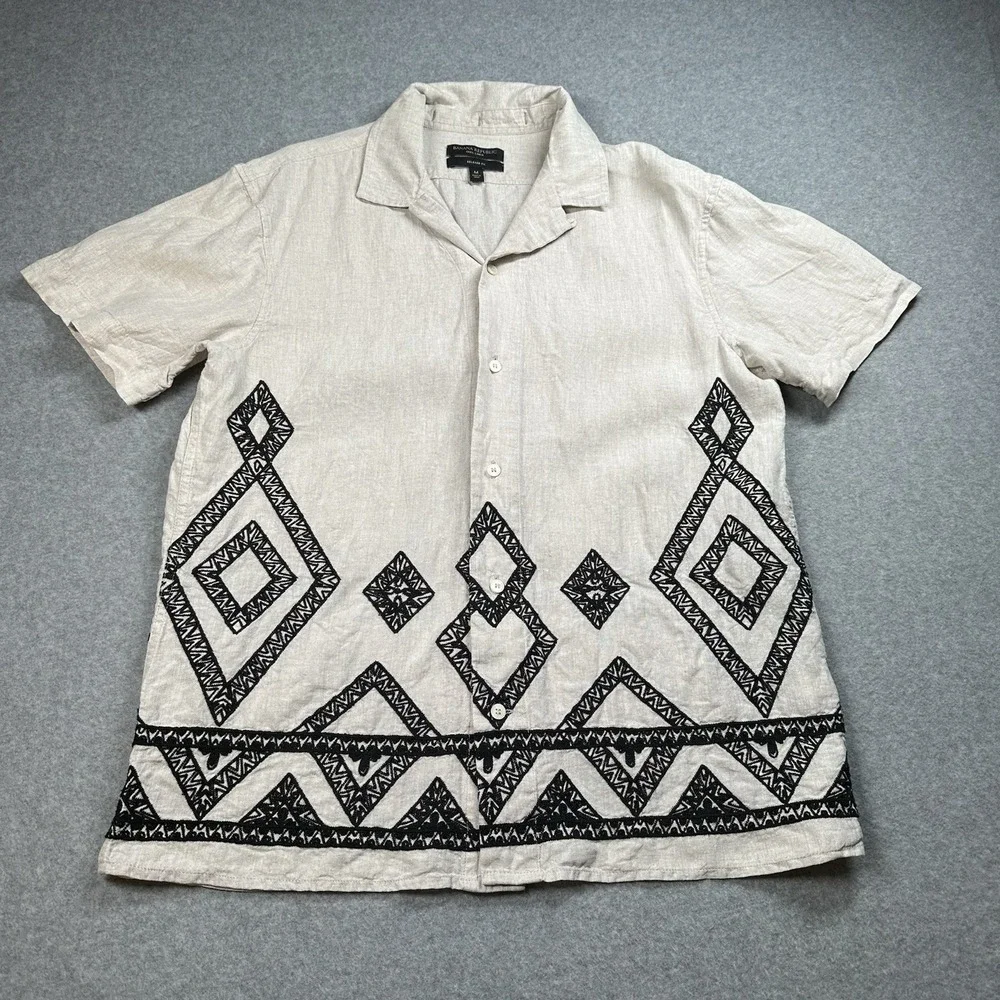 Banana Republic SS Linen Diamro‎ Shirt M Natural Embroidered Resort